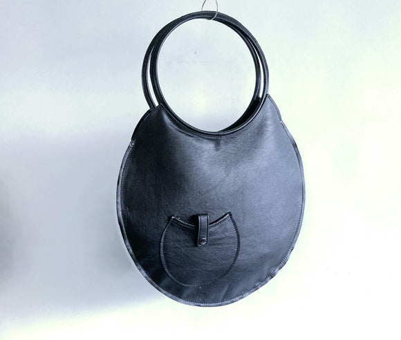 Clearance Sale Round Leather Bag, Smooth Black Leather Circle Bag- The Maude